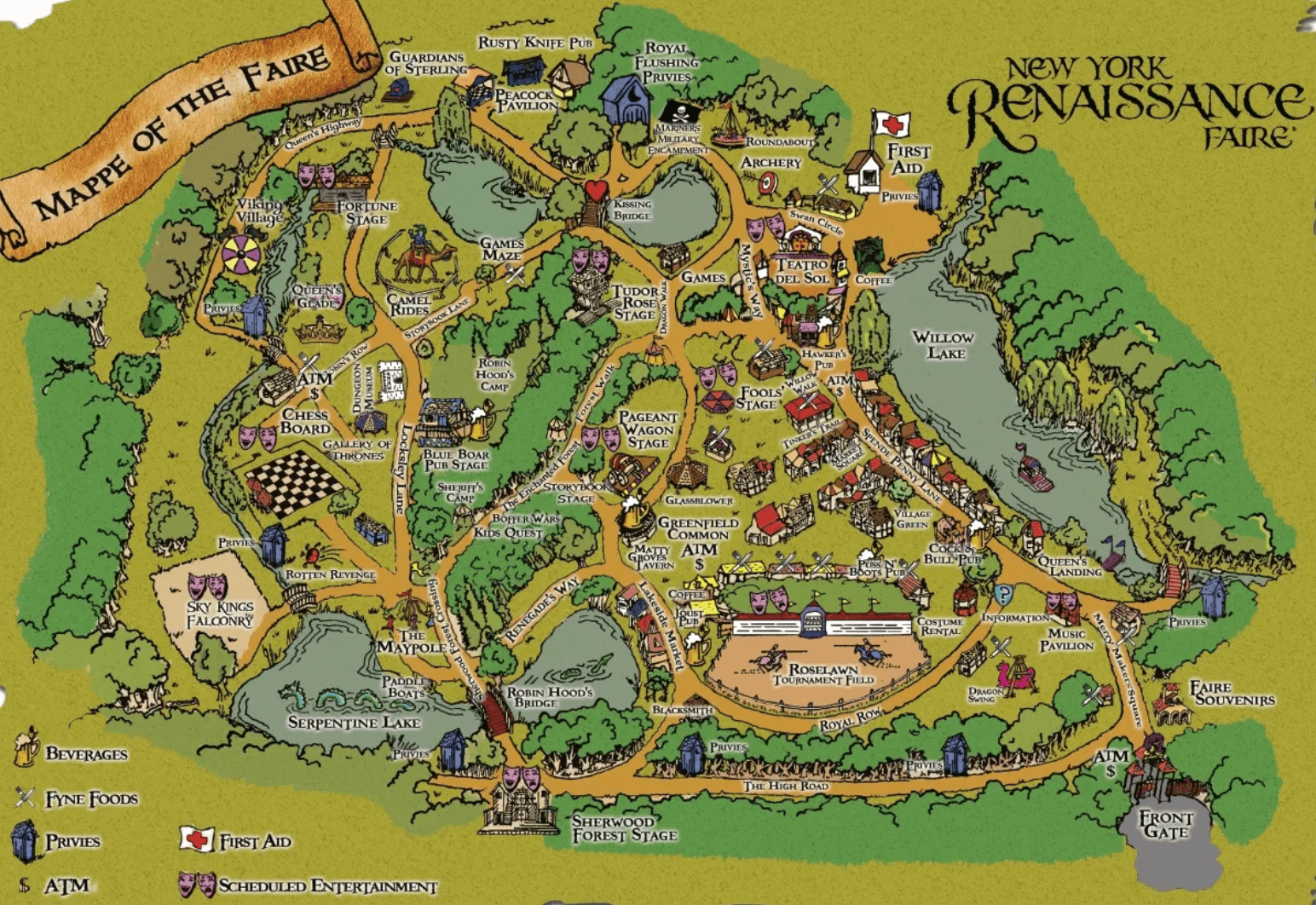 Illustrated map of the New York Renaissance Faire, showing themed areas, pathways, stages, food, shops, games, lakes, restrooms, first aid, ATMs, and event locations amid trees and greenery.